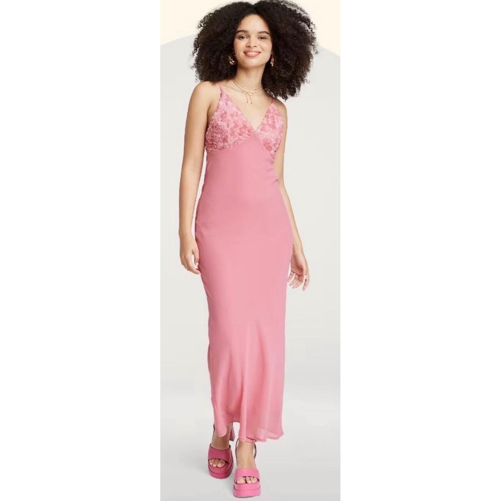 Wild Fable Pink Floral Rosette V-Neck Maxi Dress Spaghetti Strap Size M NWT